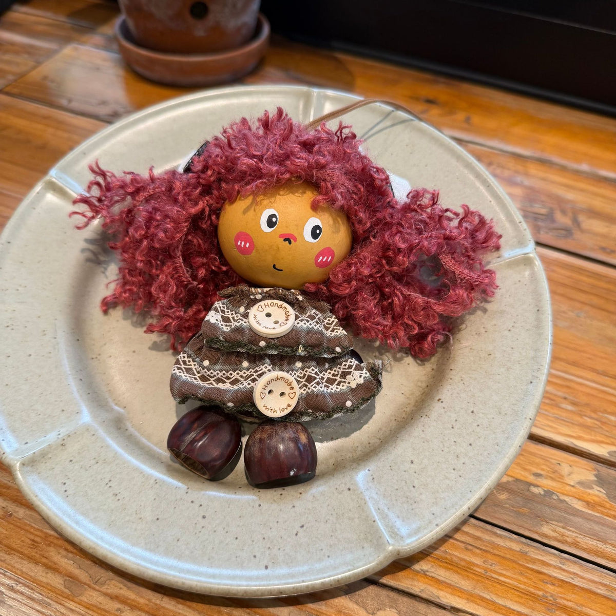 Gourd-Head Doll Charm with Curl Wig and Seed Shoes