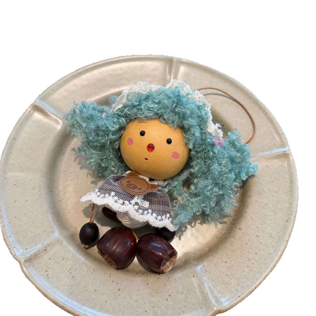 Gourd-Head Doll Charm with Curl Wig and Seed Shoes