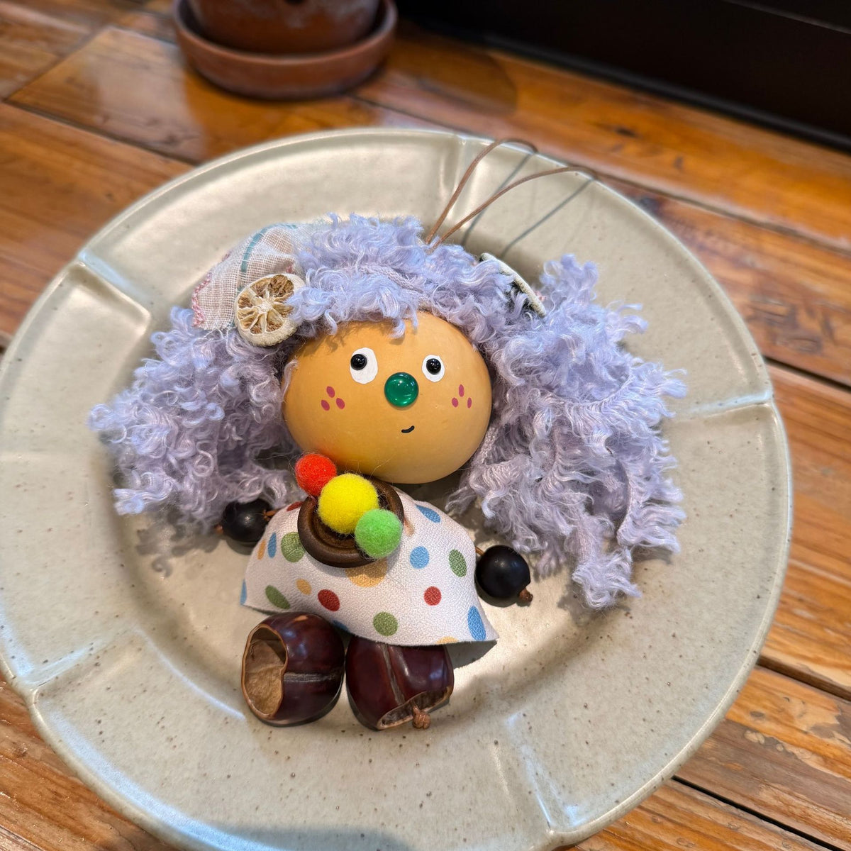 Gourd-Head Doll Charm with Curl Wig and Seed Shoes