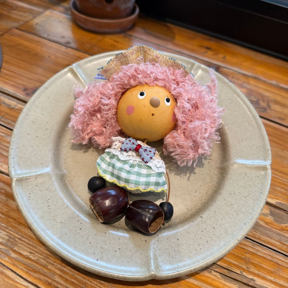 Gourd-Head Doll Charm with Curl Wig and Seed Shoes